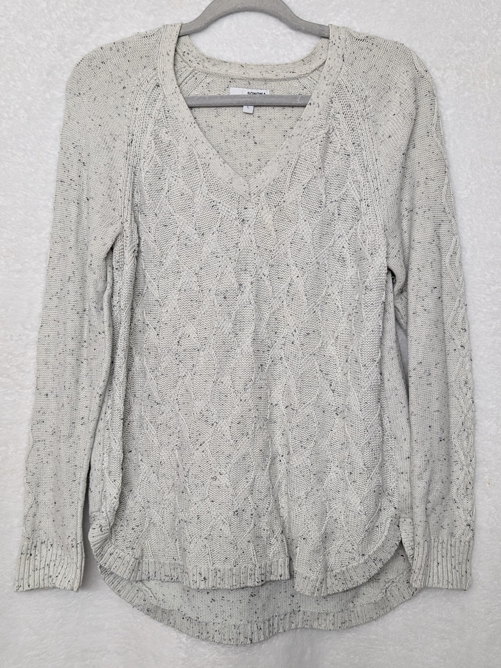 Sonoma Cream Speckle V-Neck Cable Knit Sweater
